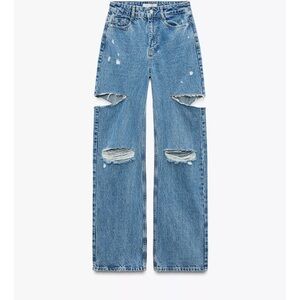 Zara Blue Distressed Wide Leg Jeans